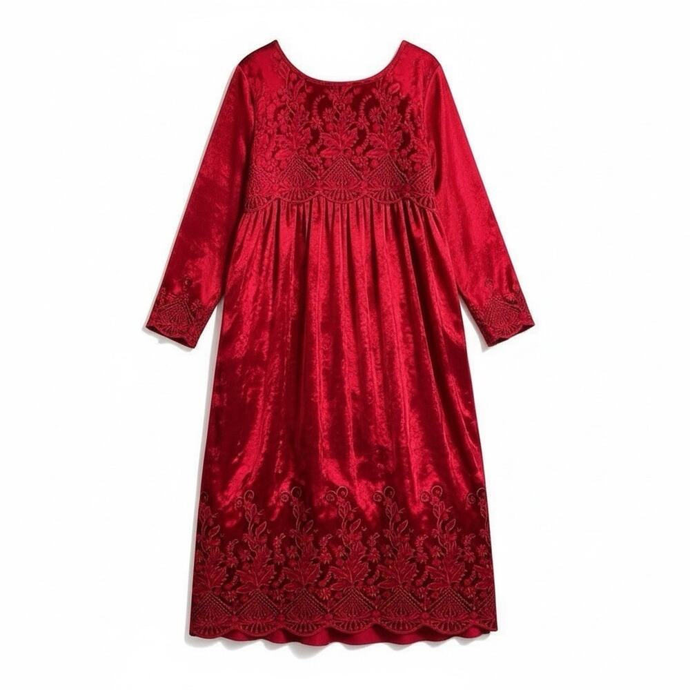 Vintage Crushed Red Velvet Lace April Cornell Midi Dress Tie Waist Rayon L Boho